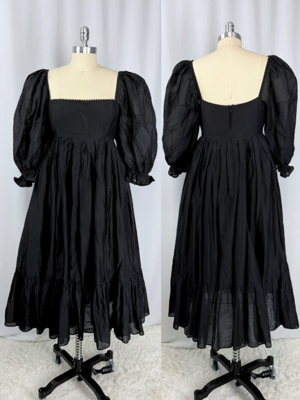 NWT Selkie French Puff Caviar Empire Midi Dress Coquette Black Goth L FLAW - Picture 2 of 7